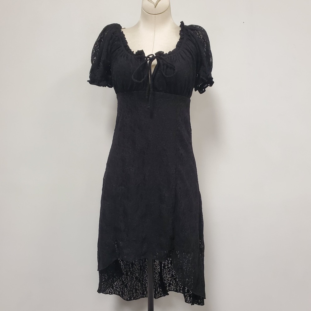 Babydoll Lace Ruffle High Low‎ Midi Dress Size S Black Puff Sleeve Witchy Dark